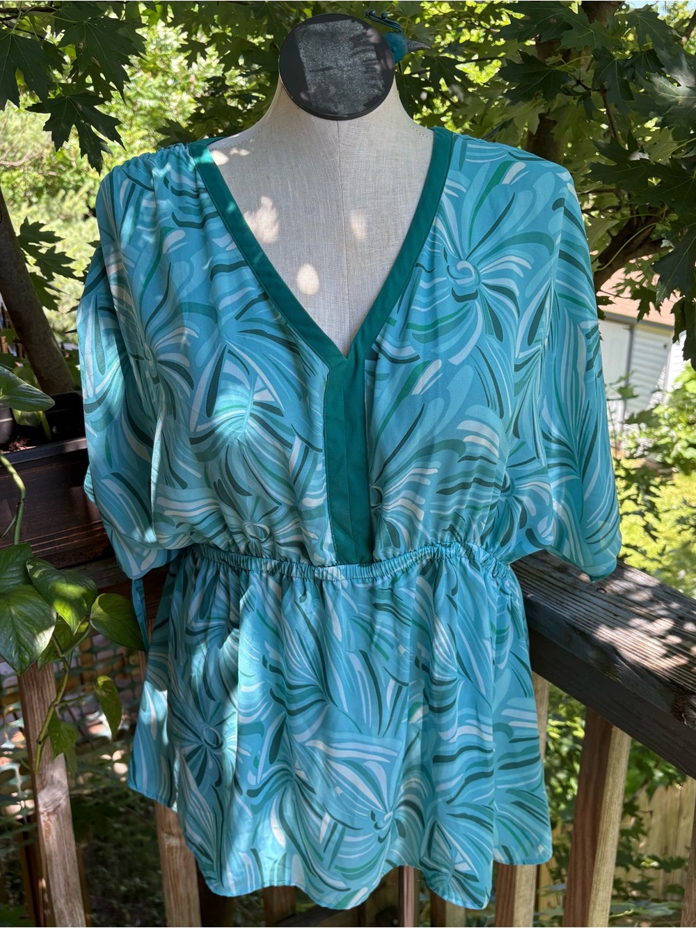 Pioneer Woman Blue Print Short Sleeve Swim Cover Up Women’s Plus Size 2X